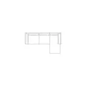 Sectional sofa line drawing, black and white, rectangular cushions with right-angled extension, simplified schematic, white background.