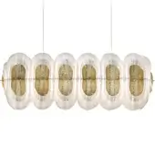 Gold chandelier with six cylindrical frosted glass modules, connected by silver rods, featuring textured gold diffusers and radiating fins.