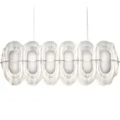 Linear chandelier, white translucent shades, six-light fixture with reflective crystal details, thin clear cables, modern minimalist design.