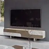Exceptional Turri Soul TV stand with glossy lacquered finish, marble inserts and a central walnut section crafted with handle-free doors