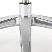 Aluminum chair base, polished metal, five-pronged star shape with central cylindrical column and gas lift mechanism, reflective surface.