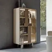 Distinguished Turri Soul cupboard with light cream lacquered wood and transparent glass doors showcasing wood applications within a metal frame