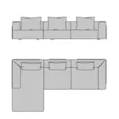 Turri Soul sectional sofa technical drawing, gray fabric, modular design with linear and L-shape configurations, rectangular cushions, low profile.