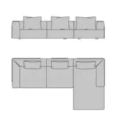 Turri sectional sofa technical drawing, grayscale, modular design with boxy sections, linear and L-shape configurations, square armrests.