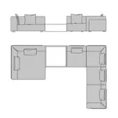 Turri sectional sofa technical drawing, gray fabric, modular L-shape with rectangular table, boxy forms, square pillows, schematic design.