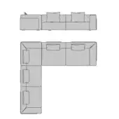 Turri Soul sectional sofa technical drawing, modular configurations, linear and corner layouts, gray pillows, minimalist design.