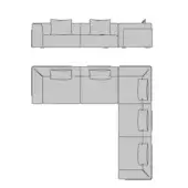 Turri Soul sectional diagram, grayscale, modular sofa with square cushions, shown in linear and L-shape configurations, technical illustration.