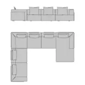 Turri sectional sofa, gray fabric, modular design with five square cushions shown in linear and L-shape configurations, technical drawing.