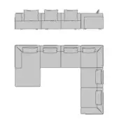 Turri Soul sectional diagram, gray line drawing, modular components, five-seat linear and L-shape configurations, square armrests, light gray cushions.