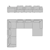 Turri Soul sectional sofa technical drawing, grayscale, modular design with linear and L-shape configurations, square bolster pillows.