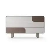 Turri Soul Dresser, light gray and dark walnut, rectangular form with rounded edges and three recessed-pull drawers.