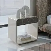 Distinguished Turri Soul nightstand with rounded edges and dark stone-like drawer front in glossy bright white finish