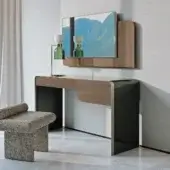 Exceptional Turri Soul vanity with wooden top and metal edge, showcasing matte wood grain alongside glossy dark lacquered finish