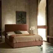 Distinguished Bolzan Letti Noah bed with reddish-brown textile and geometric pattern, built with firwood and a matte finish