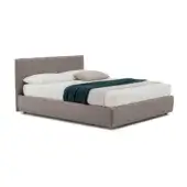 Platform bed light gray upholstery rectangular headboard, white linens, teal throw, adjustable base, minimalist design, dark gray trim.