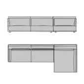 Turri Drum sectional sofa technical drawing, gray fabric, rectangular three-cushion and L-shape configurations with recessed pocket details.