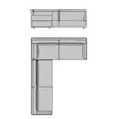 Turri sectional sofa technical drawing, gray fabric upholstery, modular L-shape with rectangular forms and rounded top edges, minimalist design.