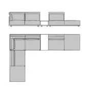 Turri Drum sectional sofa technical drawing, grayscale, modular design with rectangular forms and metal connectors, two configurations shown.