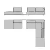 Turri Drum sectional diagram, grayscale modular sofa with rectangular forms, recessed pockets, and connector details for varied configurations.