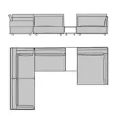 Turri Drum sectional sofa diagram, gray fabric, modular components in linear and L-shape configurations, technical illustration.