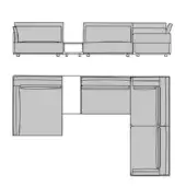 Turri Drum sectional sofa technical drawing, gray fabric, modular design with rectilinear modules and square legs, shown in linear and L-shape configurations.