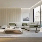 Exceptional Turri Drum sectional with comfortable fabric cushions and walnut wood side panels crafted with metal details