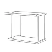 Console table black and white line drawing, rectangular top with circular detail, minimalist geometric base with cylindrical legs.