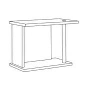 Rectangular desk line drawing, white background, circular tabletop cutout, dual vertical supports, minimalist design, rounded corner base.
