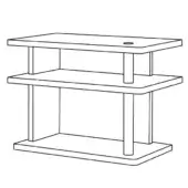 Three-tiered shelf unit line drawing, rectangular black and white design, minimalist structure with circular detail and floor-length legs.
