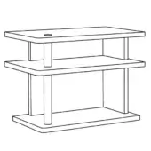 Two-tiered shelf unit, black line drawing, rectangular shelves with circular cutout, cylindrical legs, minimalist modern design.