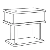 Rectangular desk line drawing, black and white, with drawer, circular tabletop cutout, cylindrical legs, and lower shelf.