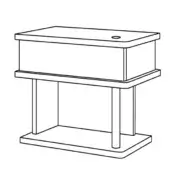 Rectangular desk with neutral lacquered finish, tiered structure, circular tabletop cutout, recessed drawer, and four vertical legs.