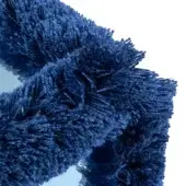 Blue fringe texture against white backdrop, dense fibrous strands coiled in layered, swirling pattern, exhibiting tonal variations and glossy reflection.