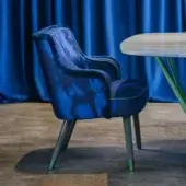 Distinguished Turri Azul armchair with deep and light blue textile, teal fringe, and glossy monochrome lacquered polyester legs