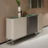 Captivating Turri Zenit sideboard with curved leather doors embracing a wood panel and green marble double top in light beige and gray matte finish