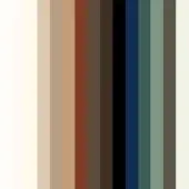 Color palette displaying off-white, beige, terracotta, brown, cobalt blue, green, and gray vertical bars in a gradient sequence.