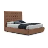 Queen bed, tan brown leatherette, tall tufted headboard, minimalist design, white linen bedding, black cylindrical legs, studio shot.