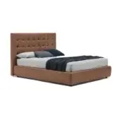 Leather bed with a tufted headboard and recessed base, featuring a tan-brown color, diamond grid pattern, and light gray bedding.