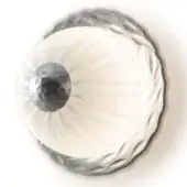 White glass wall sconce with radiating ribs, dark gray sphere center, textured hammered gray outer ring, studio product shot.