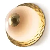Pink glass wall sconce with gold metal frame, rounded opaque shade, textured organic shape, and dimpled gold sphere light source.