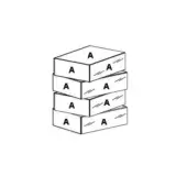 Rectangular boxes stack, light-colored material, angled edges, sans-serif "A" lettermark, offset arrangement, diffused lighting, white background.