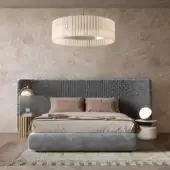Exclusive Turri Azul bed showcases a rectangular headboard crafted in sumptuously textured gray velvet with a harmonious base