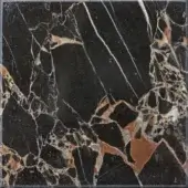 Nero Portoro marble tile with black base, white, orange, and brown veining in angular patterns, polished surface, and gray border.