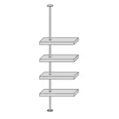 Floating shelf system, light gray wood, vertical arrangement with silver metal rod and circular ceiling mount, minimalist design.