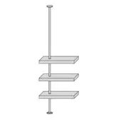 Shelving unit, light gray metal, three rectangular shelves suspended from a central cylindrical rod with circular top and base.