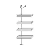 Shelving unit, matte gray finish, four rectangular shelves with central metal pole and curved arm with spherical finials.