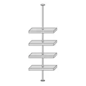 Vertical shelving unit, light gray metal, features four rectangular shelves suspended from a central rod with circular ceiling and floor mounts.
