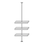 Modular shelving system line drawing, white background, vertical rectangular shelves suspended from cylindrical rod, minimalist design.