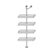 Five-tier shelving unit, dark gray metal frame, rectangular light wood shelves connected by cylindrical connectors, wall-mounted design.