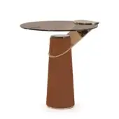 Distinguished Turri Eclipse side table with bronzed glass top and cylindrical brown leather-covered wooden base accented in light gold metal